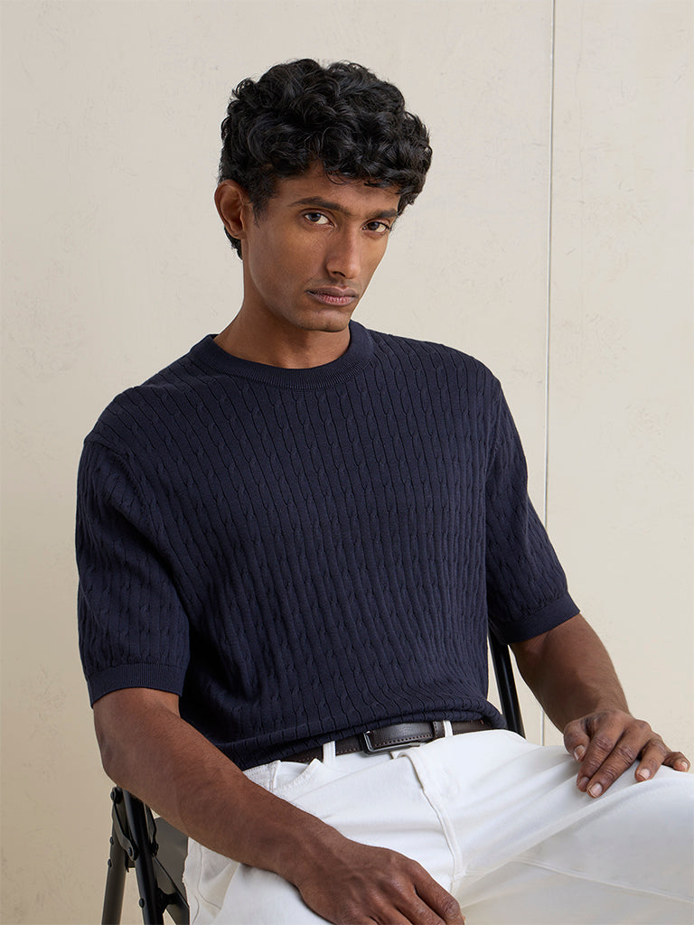 Ascot Navy Cable-Knit Texture Relaxed-Fit T-Shirt