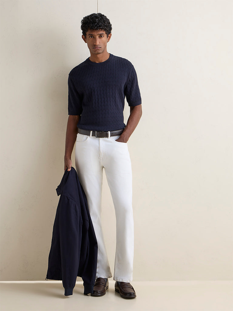 Ascot Navy Cable-Knit Texture Relaxed-Fit T-Shirt