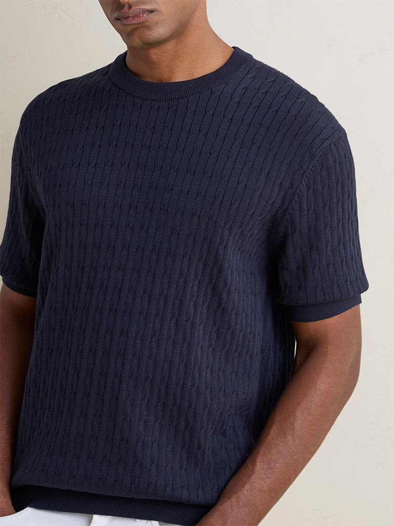 Ascot Navy Cable-Knit Texture Relaxed-Fit T-Shirt