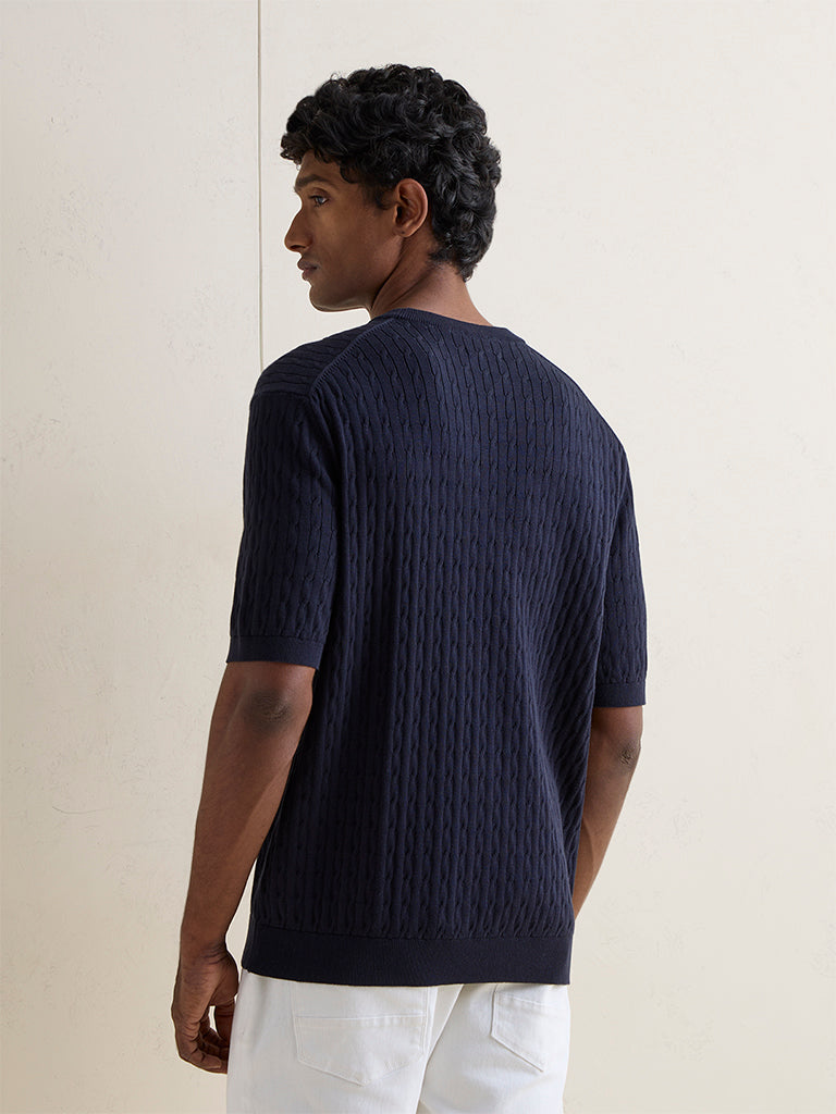 Ascot Navy Cable-Knit Texture Relaxed-Fit T-Shirt