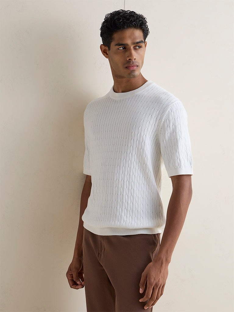 Ascot Off-White Cable-Knit Textured Relaxed-Fit Cotton T-Shirt