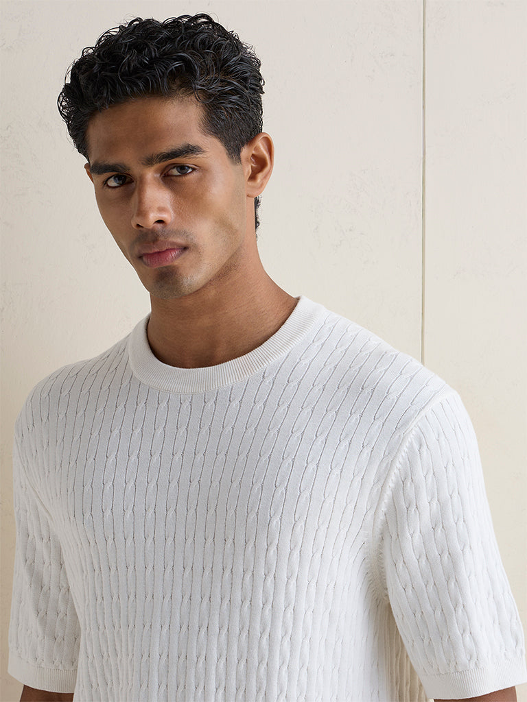 Ascot Off-White Cable-Knit Textured Relaxed-Fit Cotton T-Shirt