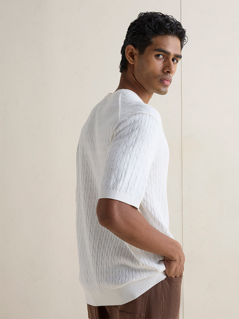 Ascot Off-White Cable-Knit Textured Relaxed-Fit Cotton T-Shirt