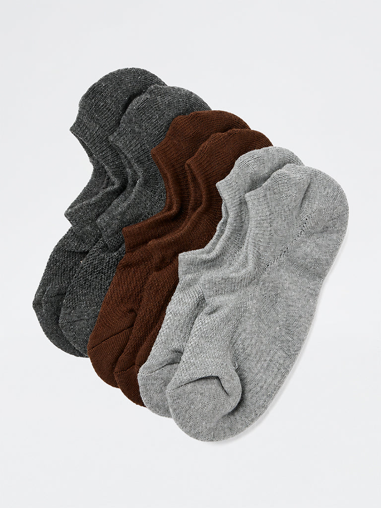 WES Lounge Grey Solid Cotton-Blend Sneaker Socks - Pack of 3