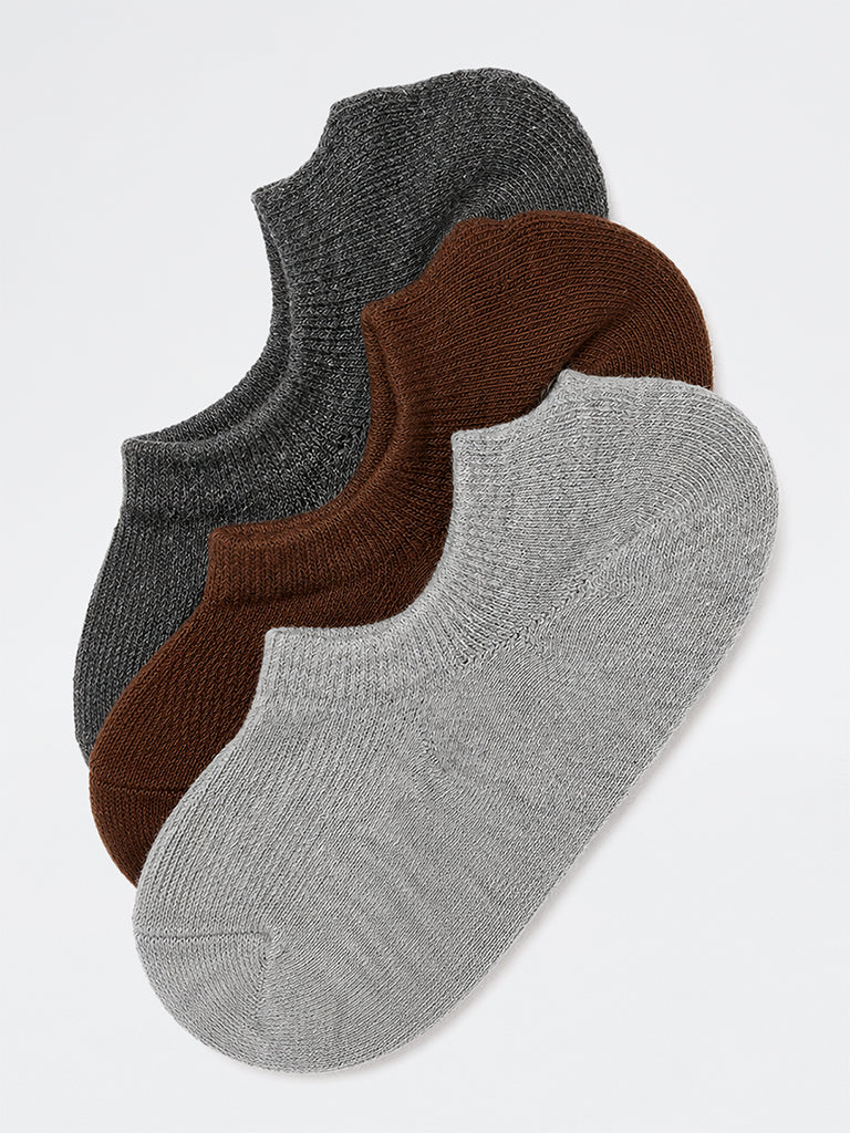 WES Lounge Grey Solid Cotton-Blend Sneaker Socks - Pack of 3
