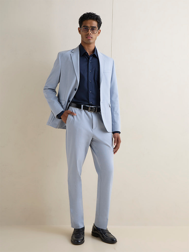 WES Formals Light Blue Slim-Tapered Fit Mid-Rise Trousers