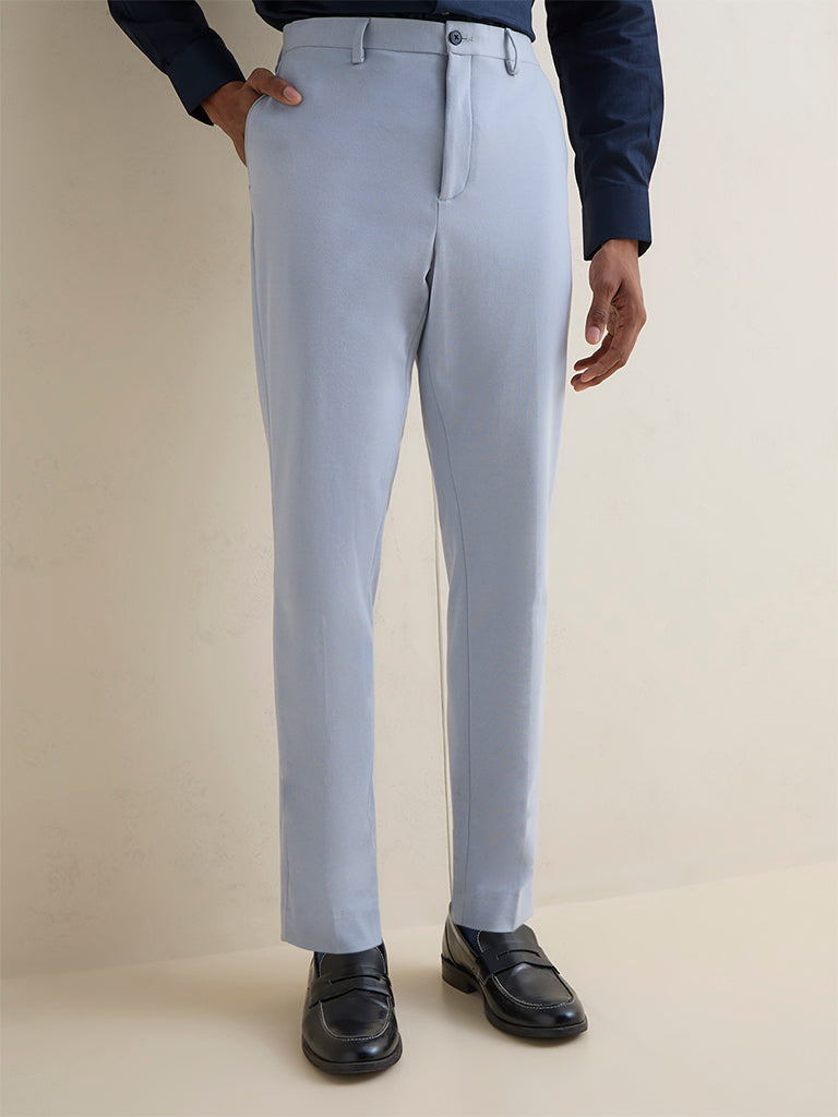 WES Formals Light Blue Slim-Tapered Fit Mid-Rise Trousers