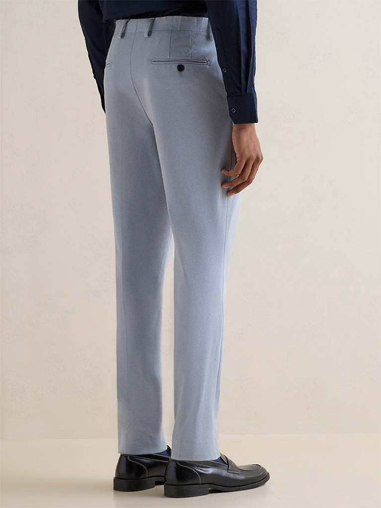 WES Formals Light Blue Slim-Tapered Fit Mid-Rise Trousers