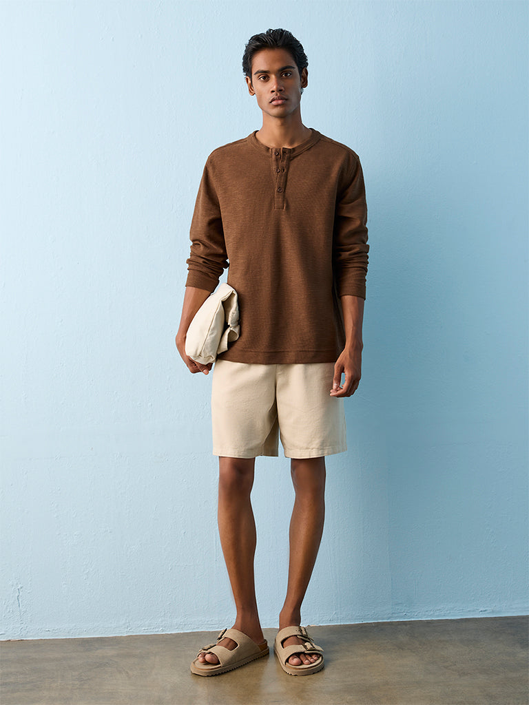 ETA Dark Brown Relaxed-Fit Cotton-Blend Henley T-Shirt