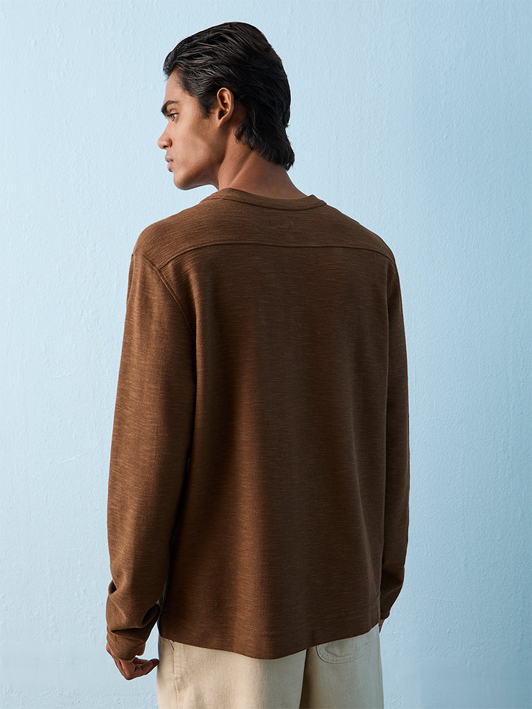 ETA Dark Brown Relaxed-Fit Cotton-Blend Henley T-Shirt