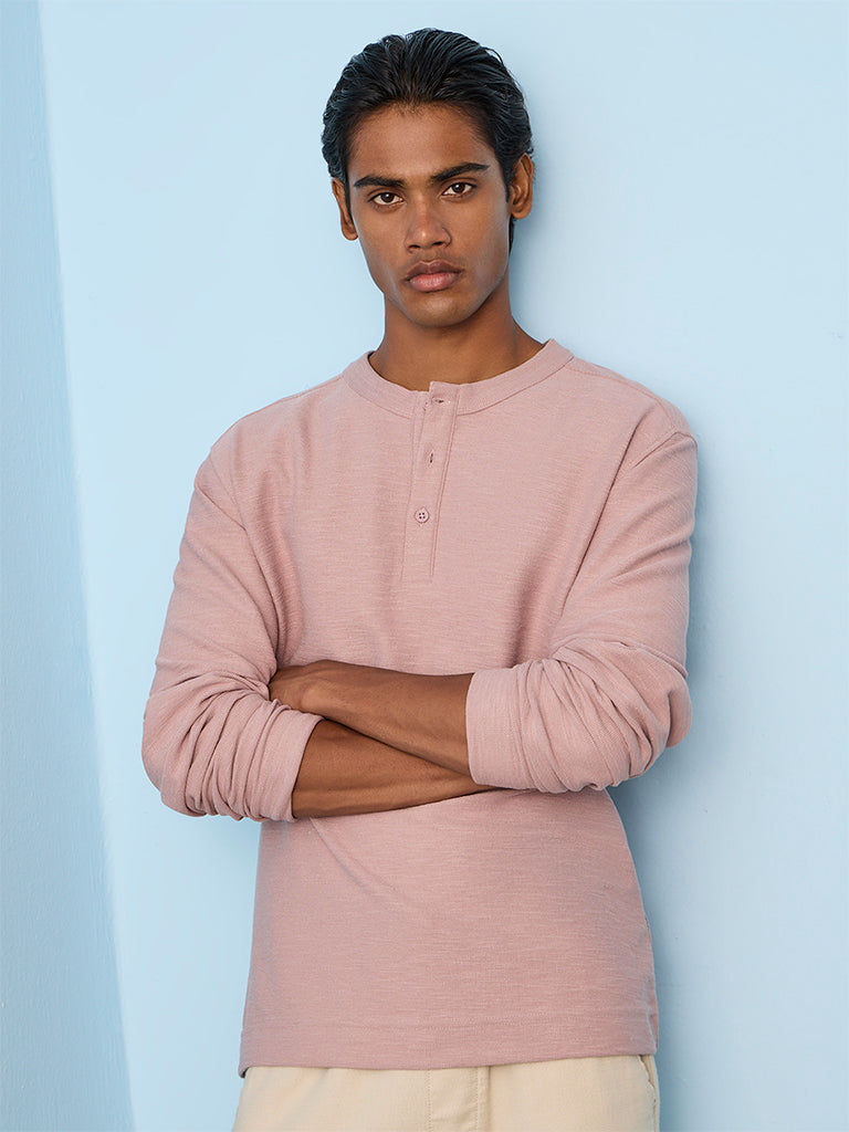 ETA Dusty Pink Relaxed-Fit Cotton-Blend Henley T-Shirt