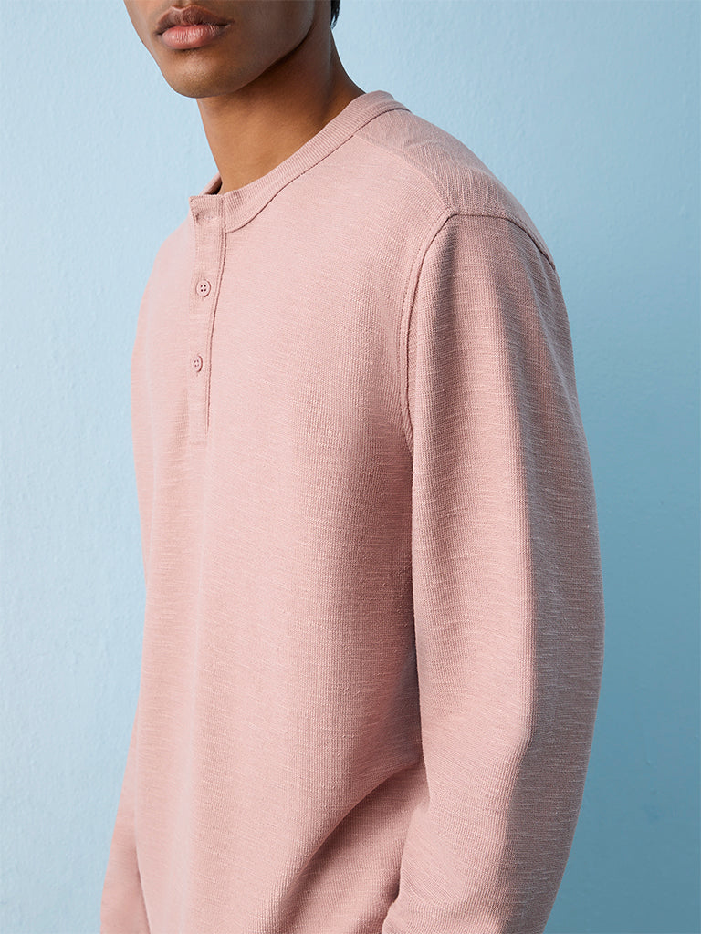 ETA Dusty Pink Relaxed-Fit Cotton-Blend Henley T-Shirt