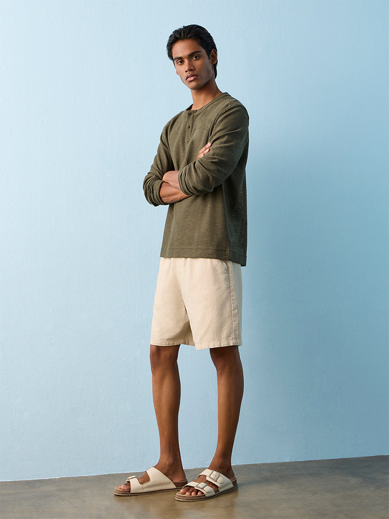 ETA Olive Relaxed-Fit Cotton-Blend Henley T-Shirt