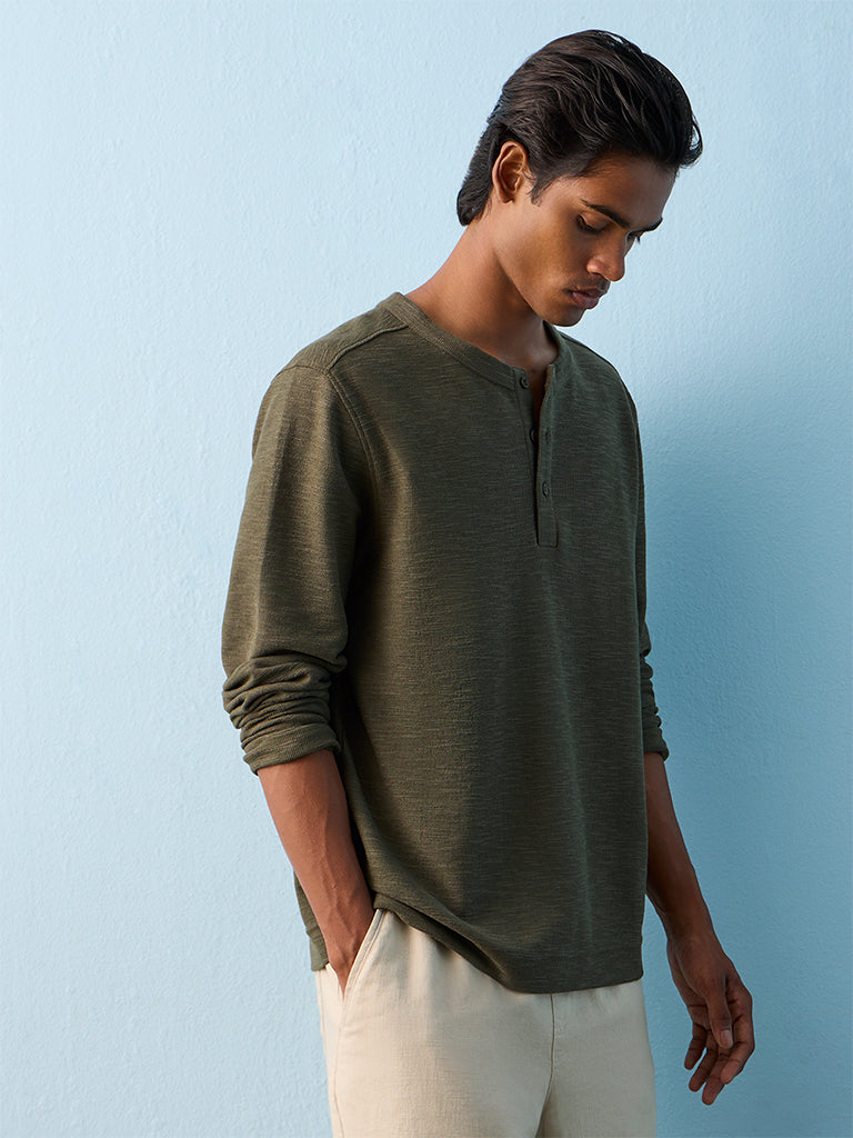 ETA Olive Relaxed-Fit Cotton-Blend Henley T-Shirt