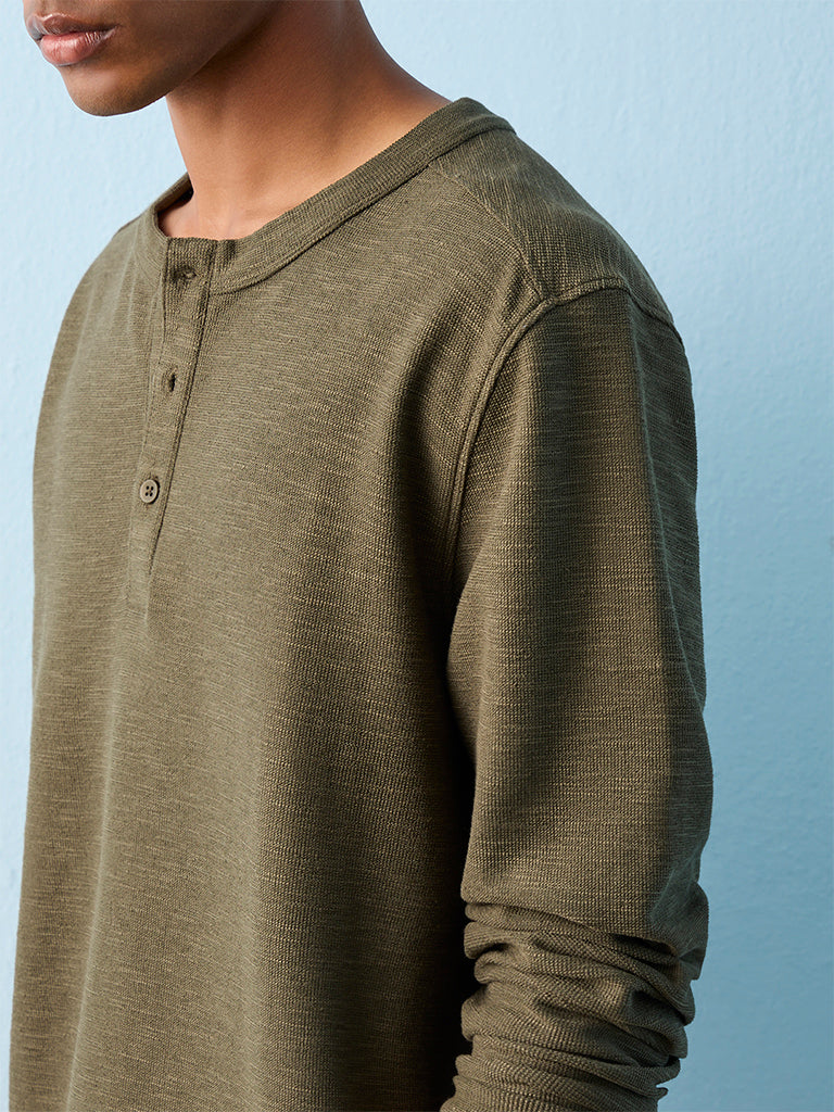 ETA Olive Relaxed-Fit Cotton-Blend Henley T-Shirt