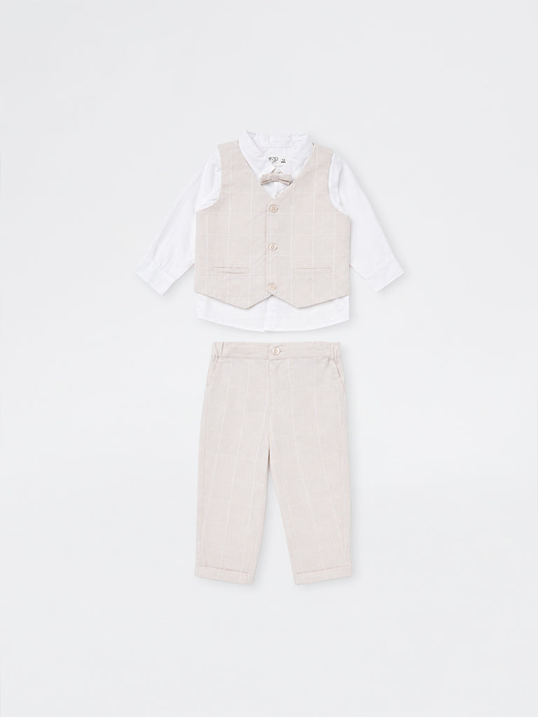 HOP Baby Boys Light Grey Checkered Cotton Waistcoat, Shirt, Pants and Bow Set