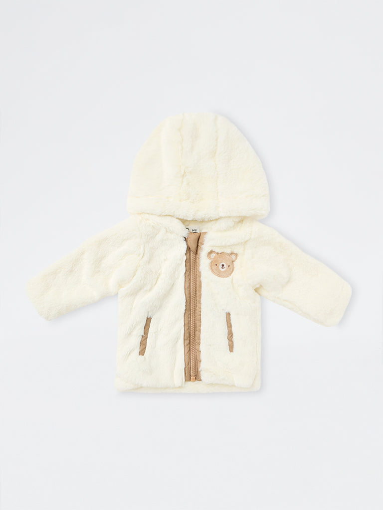 HOP Baby Boys Off-White Teddy-Detail Fur-Textured Hooded Jacket