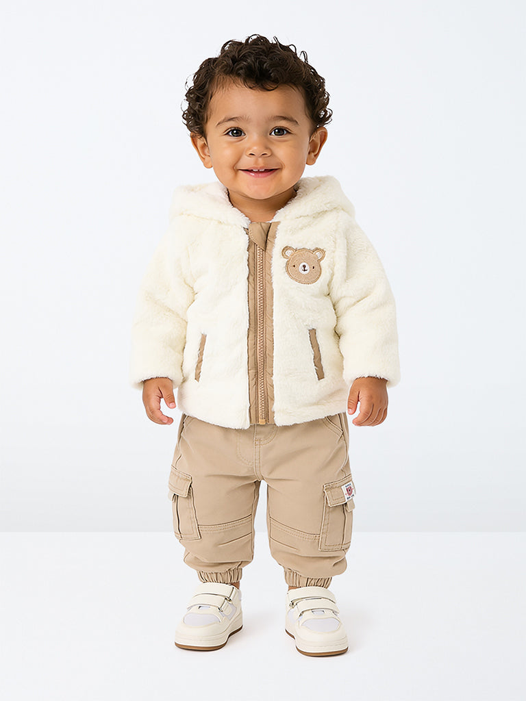 HOP Baby Boys Off-White Teddy-Detail Fur-Textured Hooded Jacket
