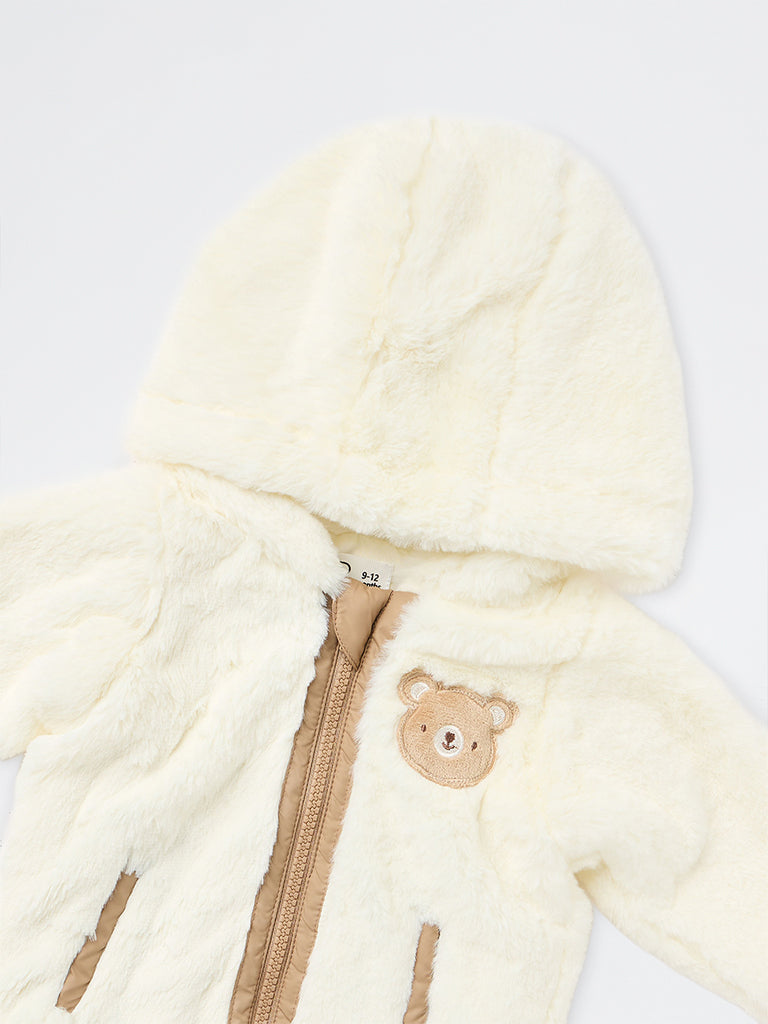 HOP Baby Boys Off-White Teddy-Detail Fur-Textured Hooded Jacket