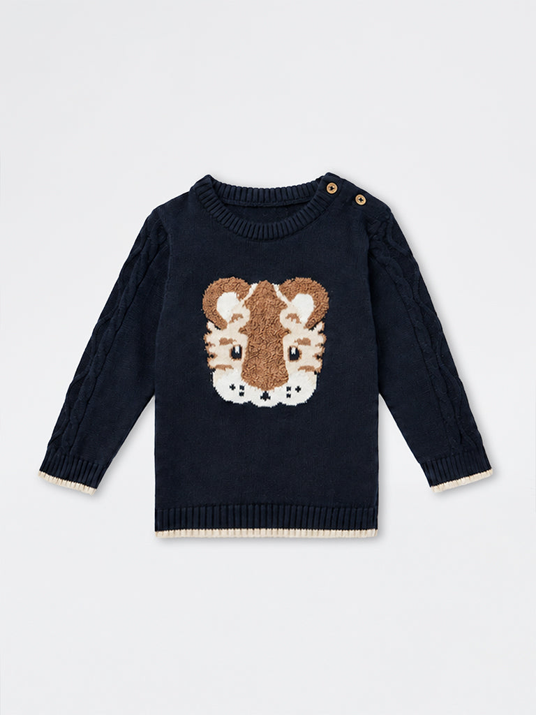HOP Baby Boys Navy Tiger Embroidered Knitted Cotton Sweater