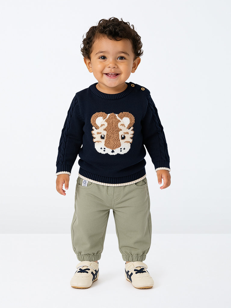 HOP Baby Boys Navy Tiger Embroidered Knitted Cotton Sweater