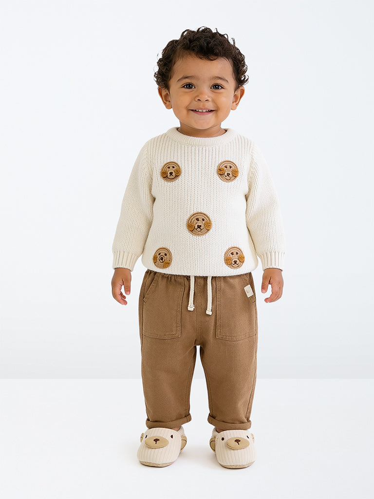 HOP Baby Boys Off-White Crochet-Detail Knitted Sweater