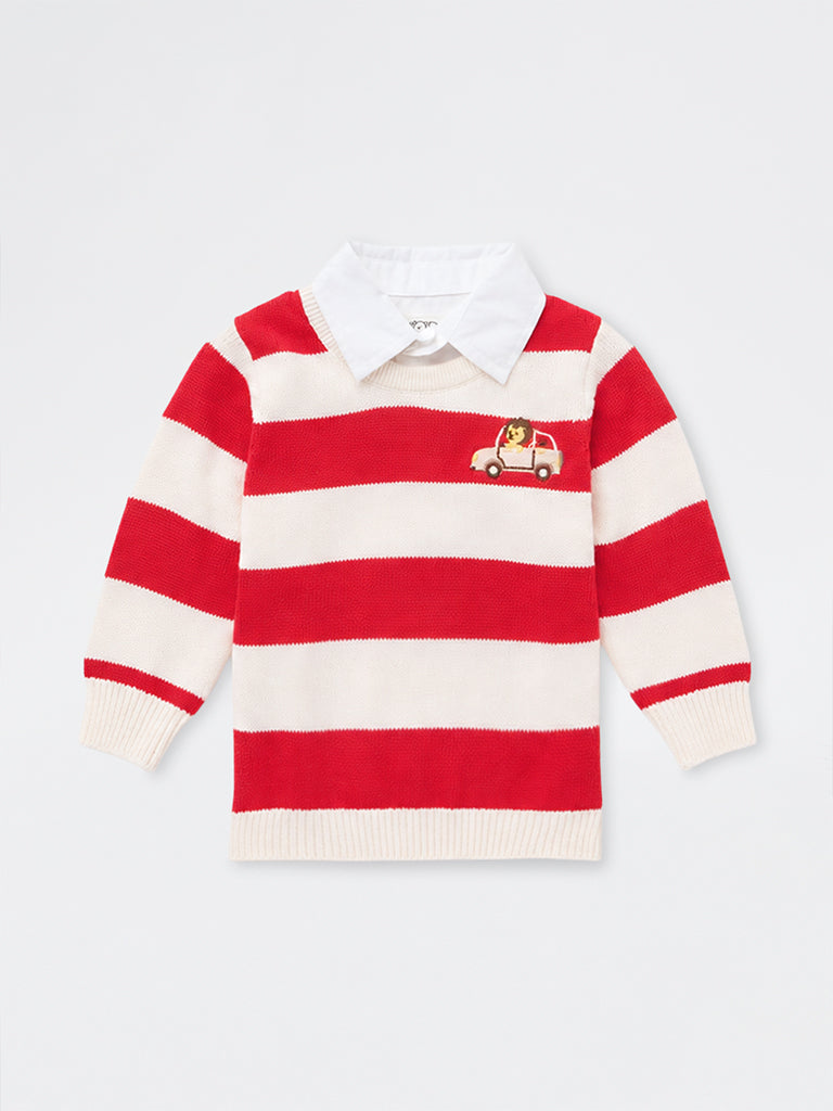 HOP Baby Boys Red Striped Knitted Cotton Sweater