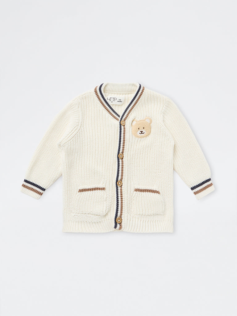 HOP Baby Boys Off-White Teddy Design Knitted Cotton Cardigan