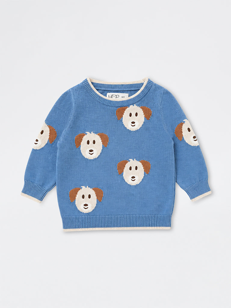 HOP Baby Boys Blue Dog-Embroidered Cotton Sweater