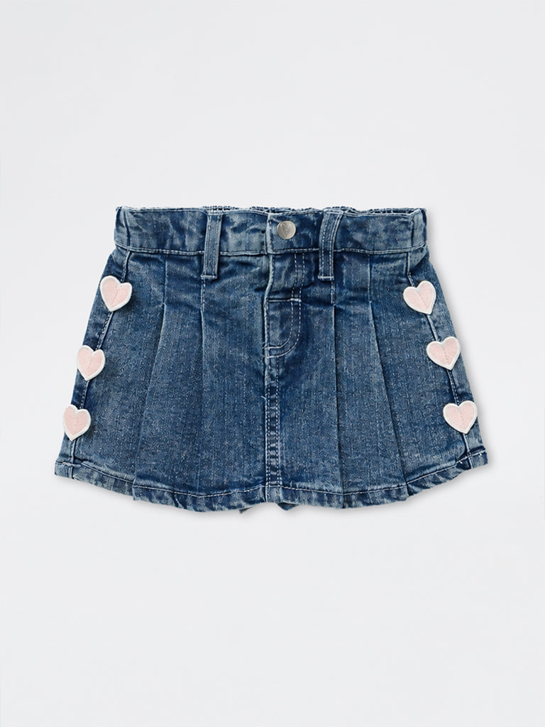 HOP Baby Girls Blue Washed Heart-Detailed High-Rise Denim Skorts