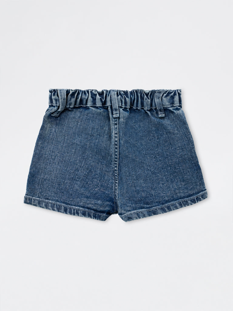 HOP Baby Girls Blue Washed Heart-Detailed High-Rise Denim Skorts