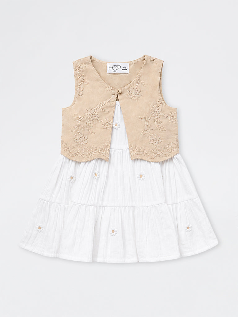 HOP Baby Girls White Floral Embroidered Cotton Tiered Dress with Waistcoat