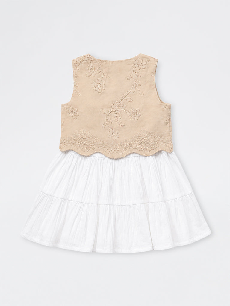 HOP Baby Girls White Floral Embroidered Cotton Tiered Dress with Waistcoat