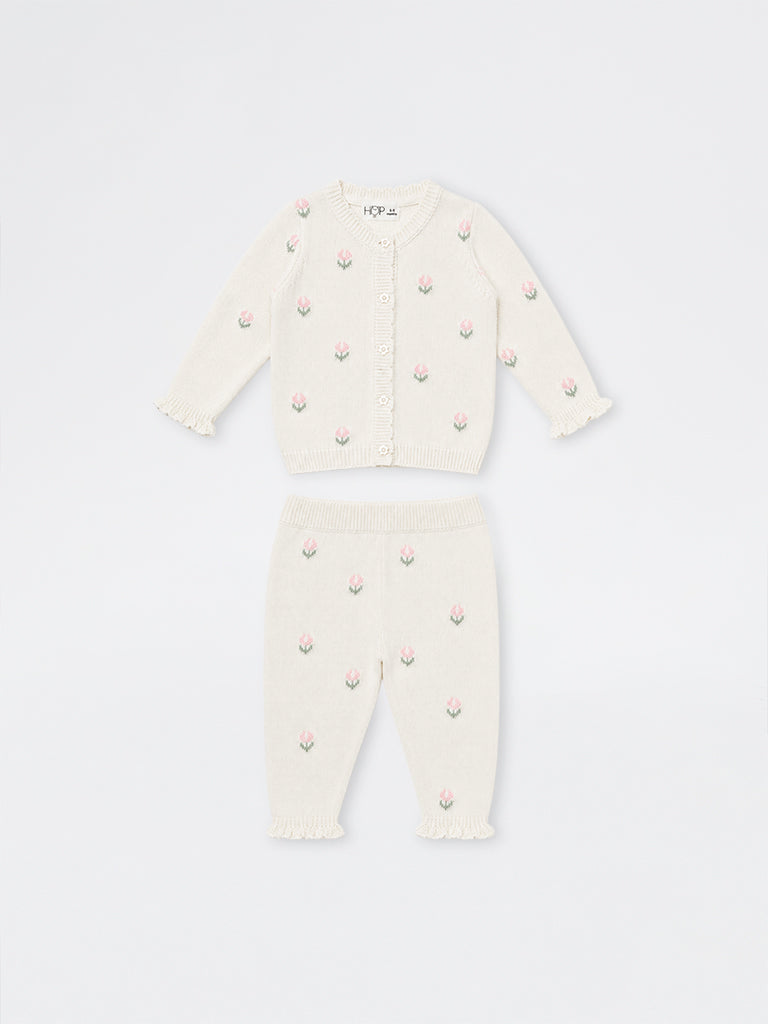 HOP Baby Girls Off-White Floral Design Cotton Cardigan and Pants Set