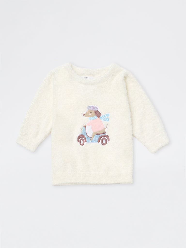 HOP Baby Girls White Dog Embroidered Knitted Sweater