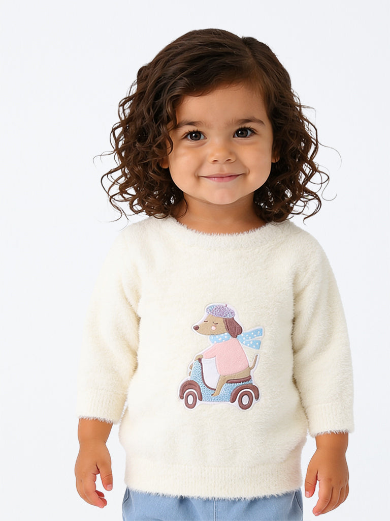 HOP Baby Girls White Dog Embroidered Knitted Sweater