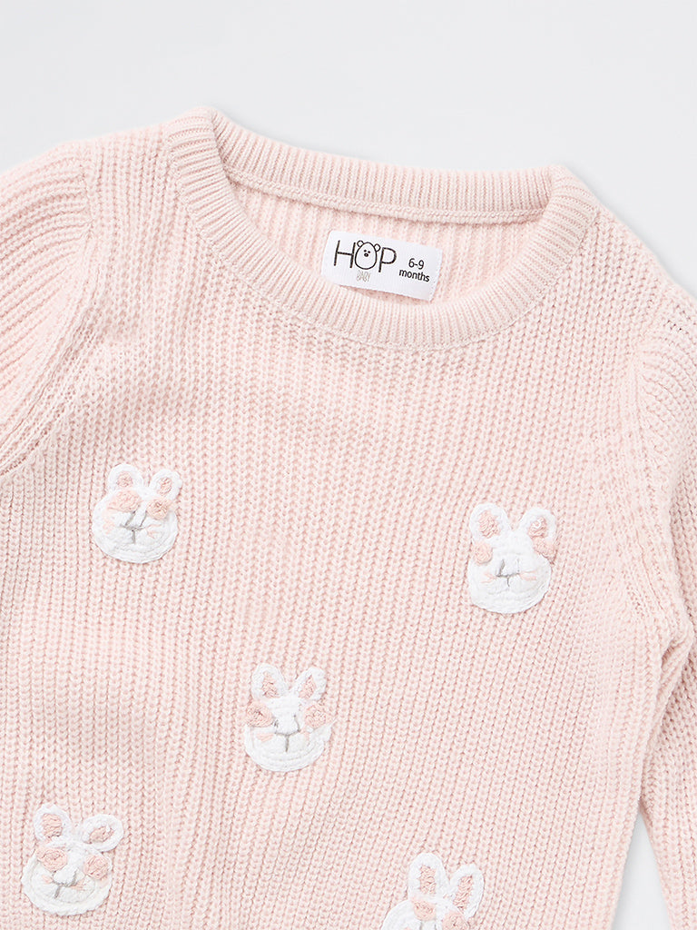 HOP Baby Girls Pink Bunny Embroidered Knitted Sweater
