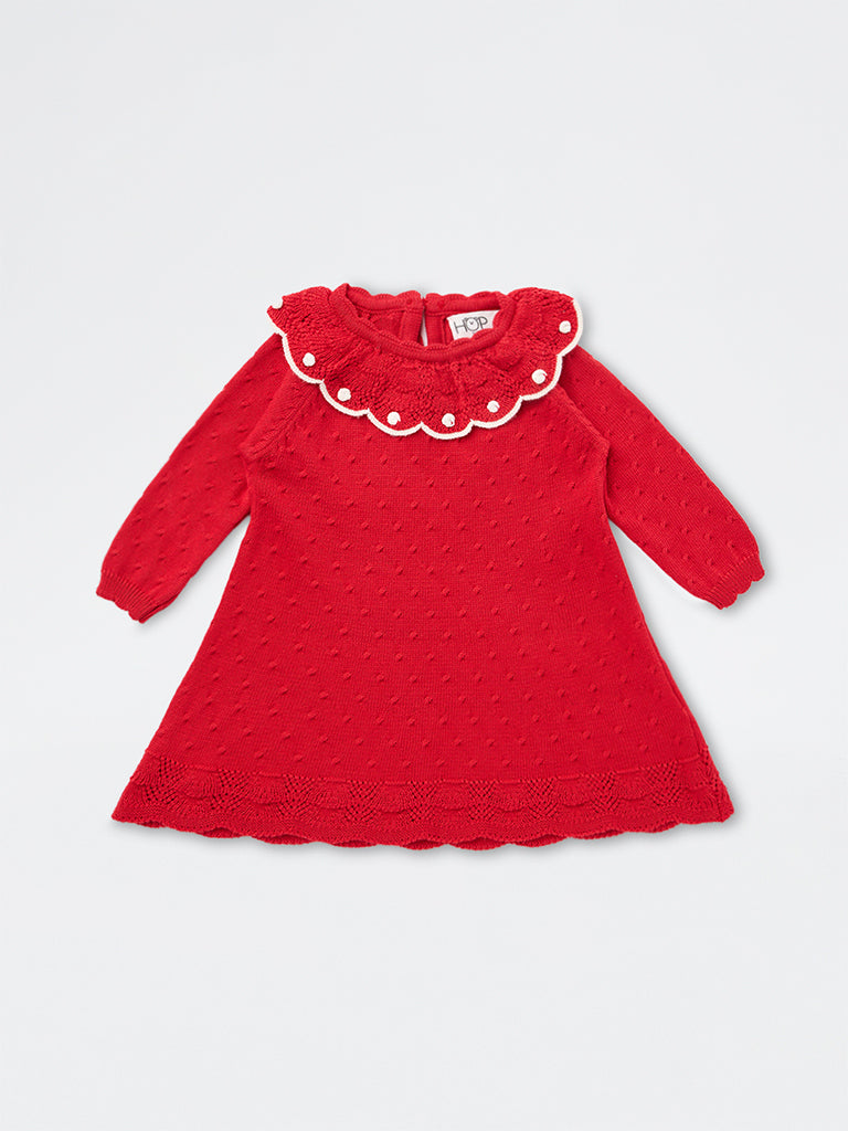 HOP Baby Girls Red Knit-Textured Flared Cotton Top