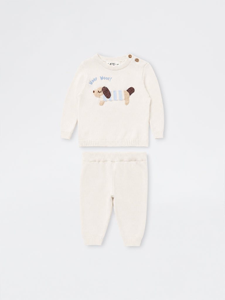 HOP Baby Boys Off-White Embroidered Cotton Sweater and Pants Set