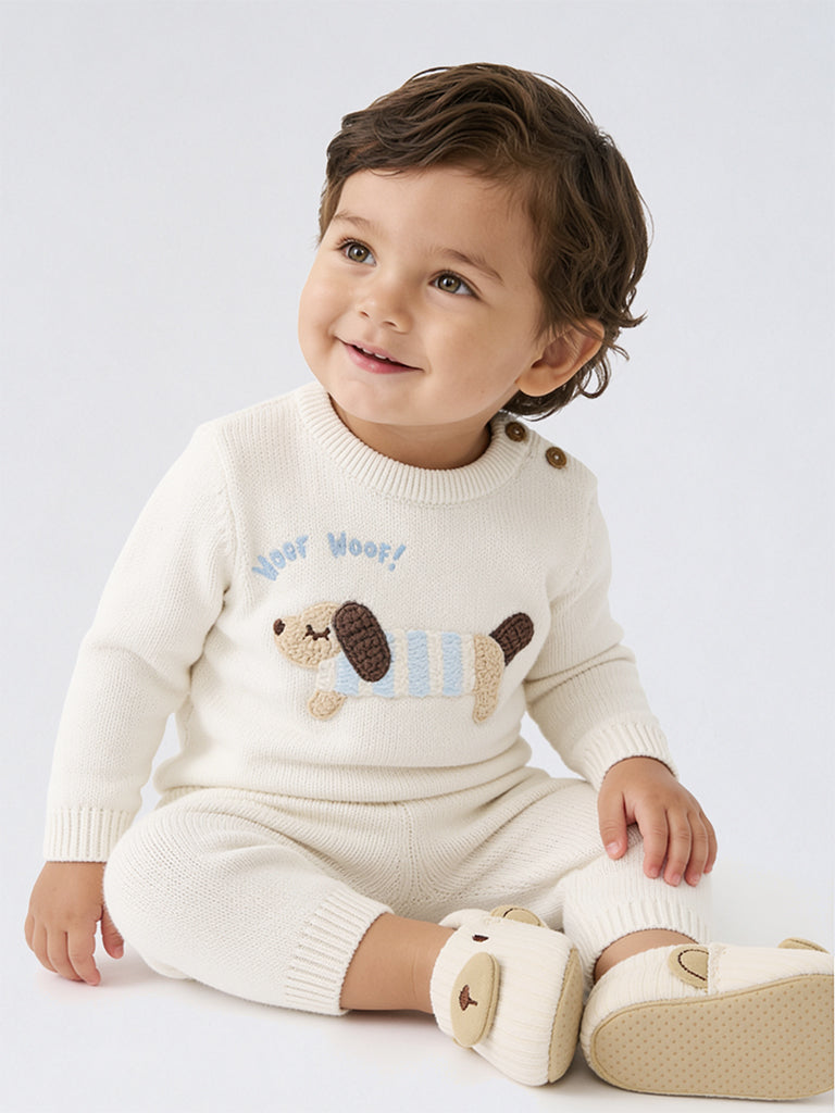 HOP Baby Boys Off-White Embroidered Cotton Sweater and Pants Set