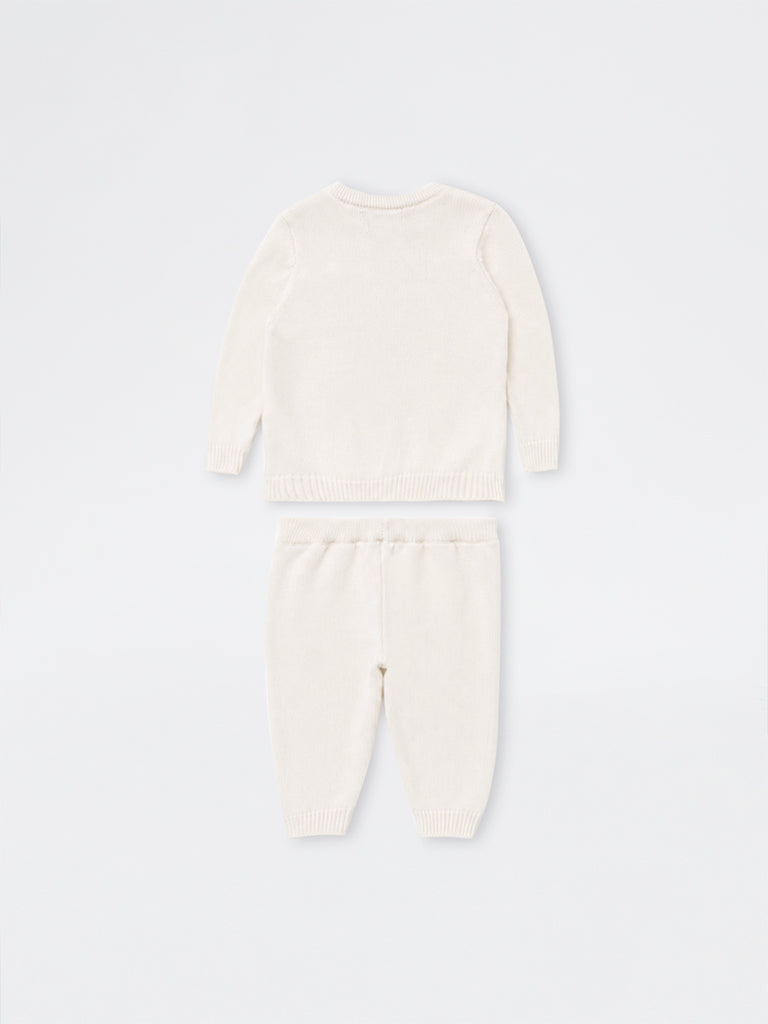 HOP Baby Boys Off-White Embroidered Cotton Sweater and Pants Set