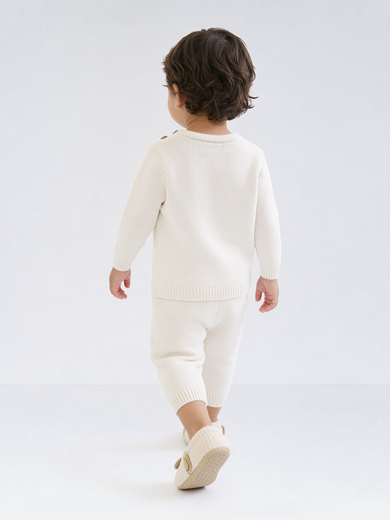 HOP Baby Boys Off-White Embroidered Cotton Sweater and Pants Set