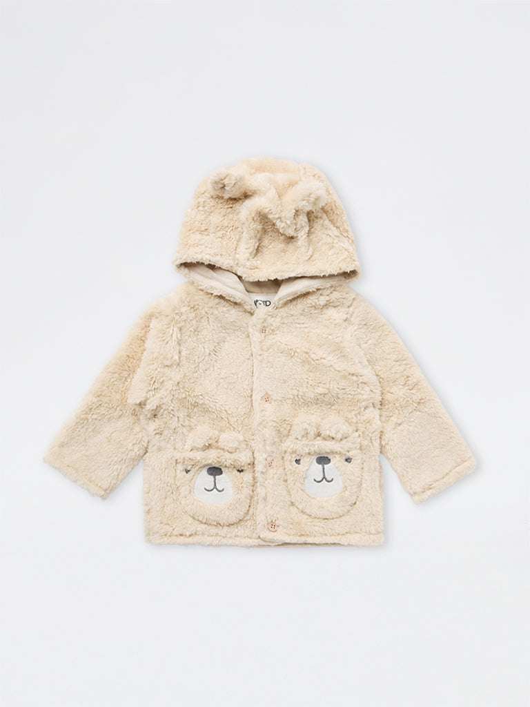 HOP Baby Boys Beige Teddy-Detail Fur-Textured Hooded Jacket
