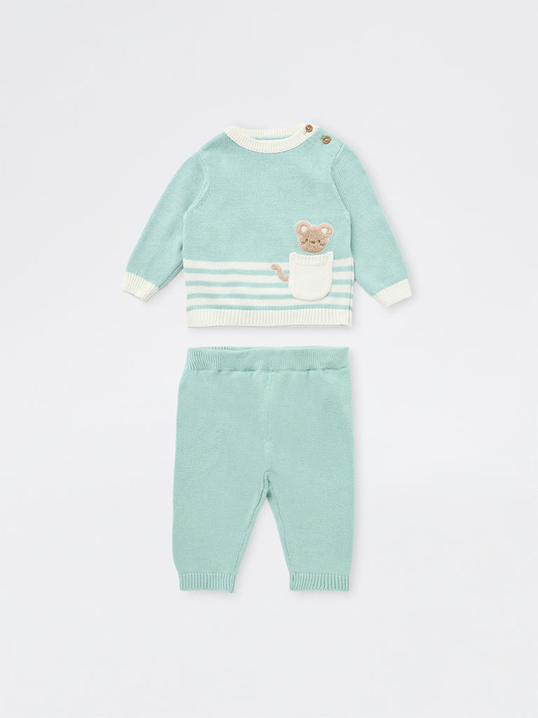HOP Baby Boys Mint Cat-Embroidered Cotton Sweater and Pants Set