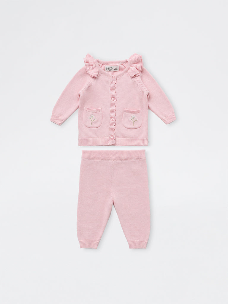 HOP Baby Boys Pink Floral Embroidered Knitted Cotton Cardigan and Pants Set