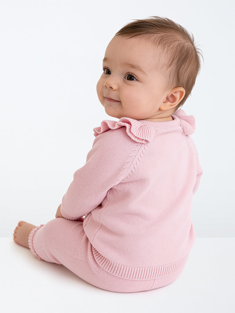 HOP Baby Boys Pink Floral Embroidered Knitted Cotton Cardigan and Pants Set