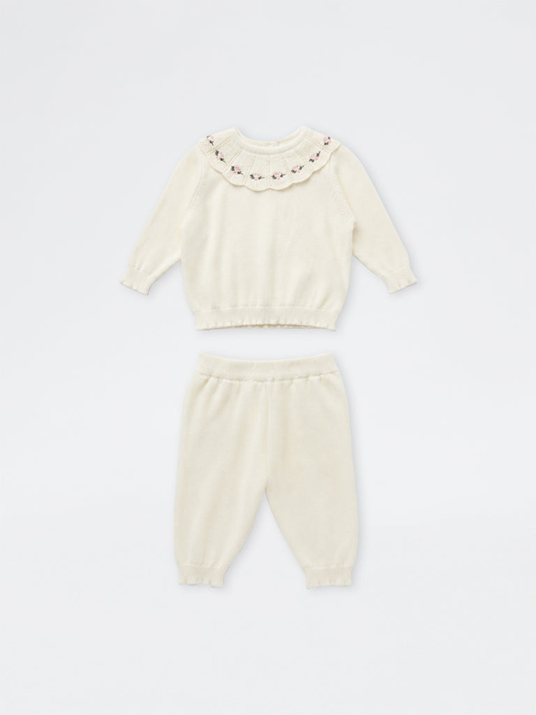 HOP Baby Boys White Floral-Detail Cotton Sweater and Pants Set