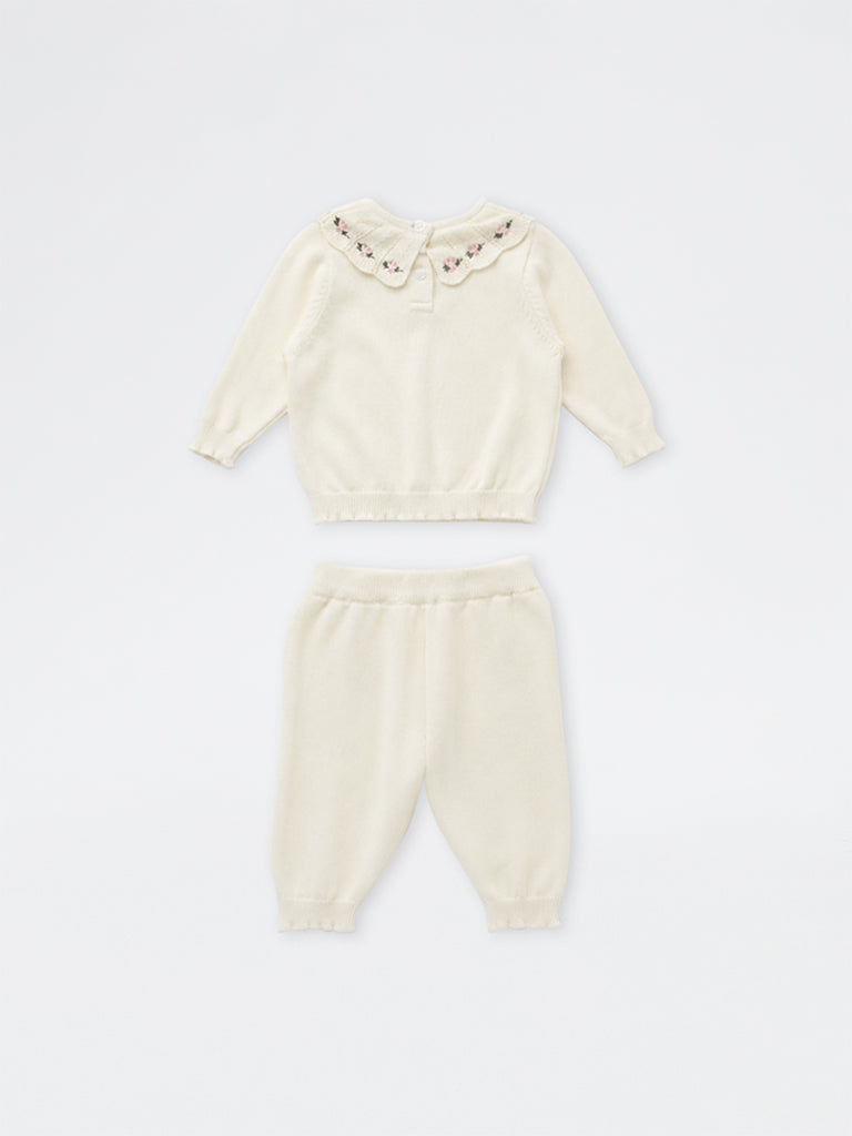 HOP Baby Boys White Floral-Detail Cotton Sweater and Pants Set