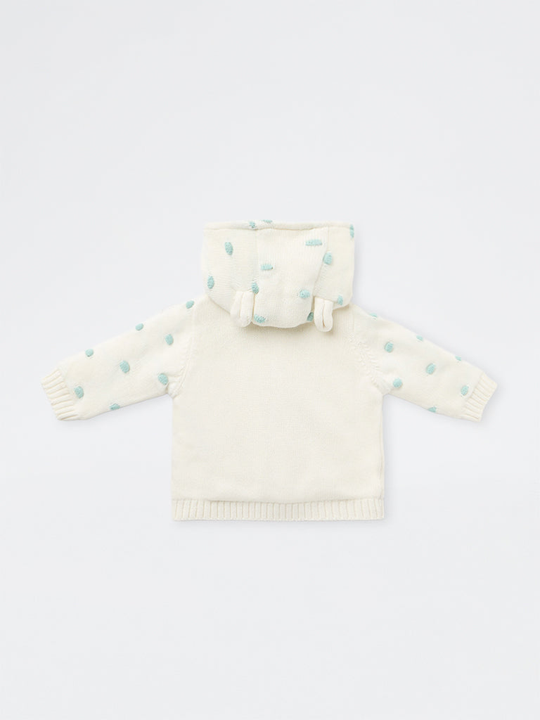 HOP Baby Girls Off-White Embroidered Cotton Hooded Jacket