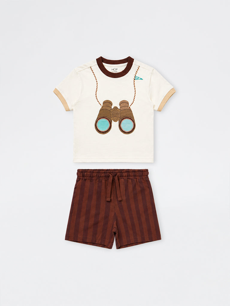HOP Kids Boys Brown Printed Cotton T-Shirt and Shorts Set